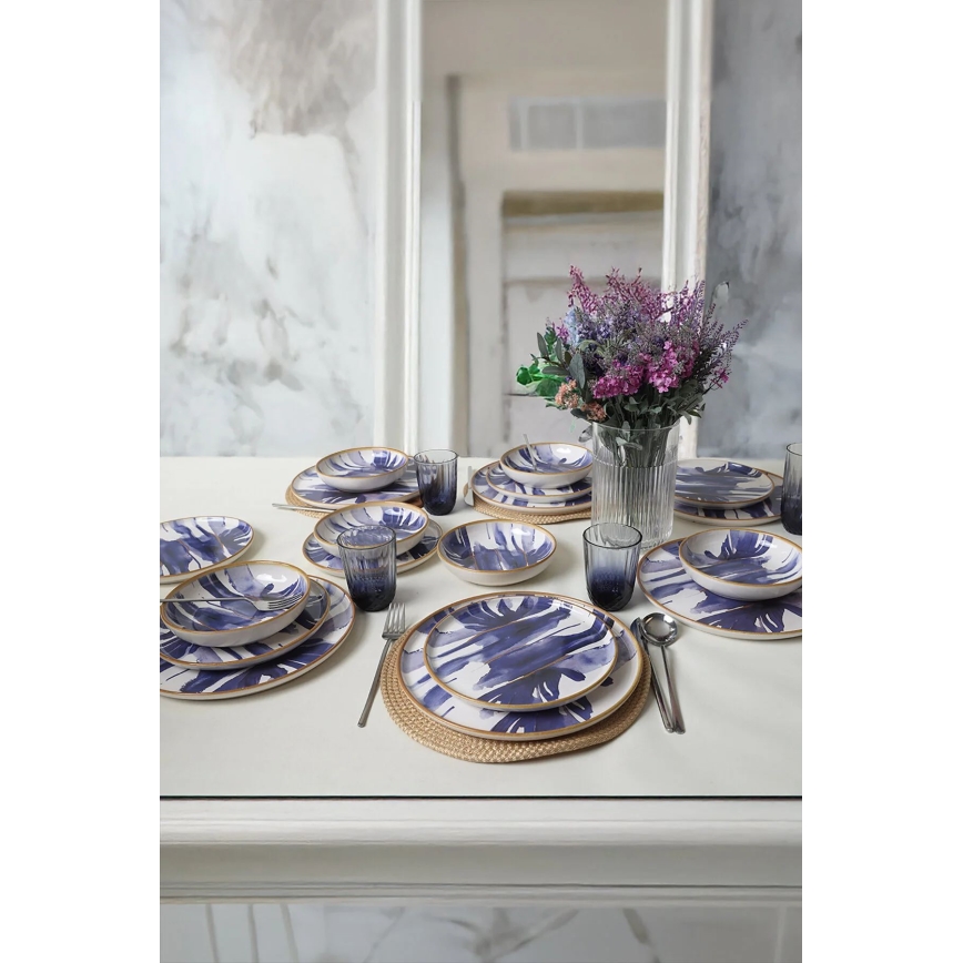 Ensemble de vaisselle 18 pièces en céramique, blanc/bleu