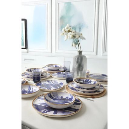 Ensemble de vaisselle 18 pièces en céramique, blanc/bleu