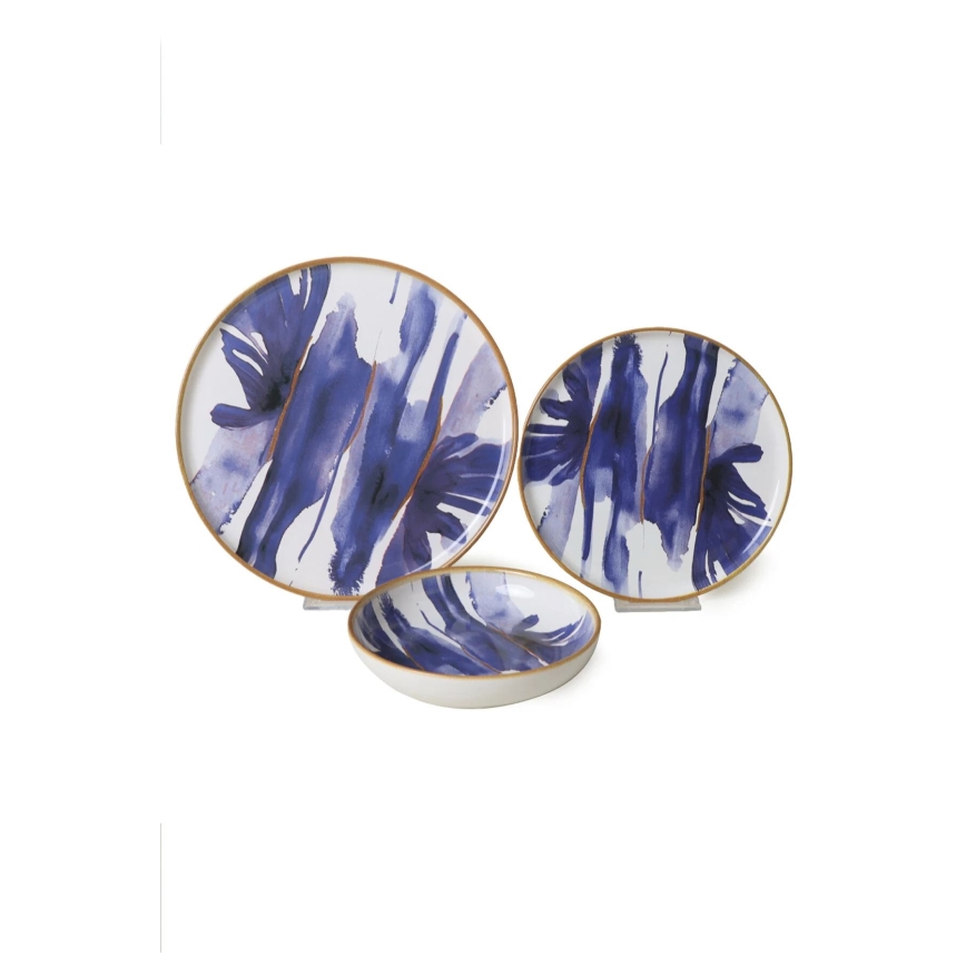 Ensemble de vaisselle 18 pièces en céramique, blanc/bleu