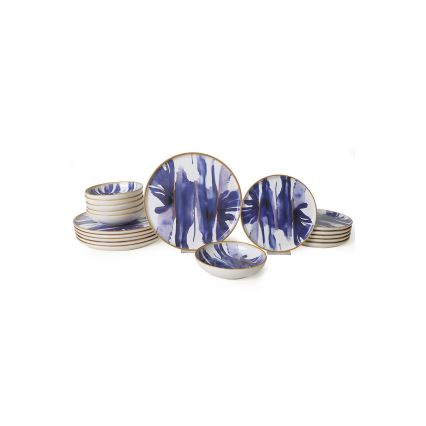 Ensemble de vaisselle 18 pièces en céramique, blanc/bleu