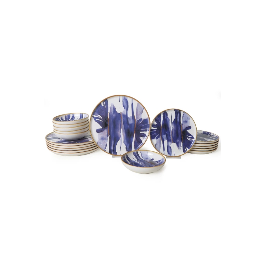 Ensemble de vaisselle 18 pièces en céramique, blanc/bleu
