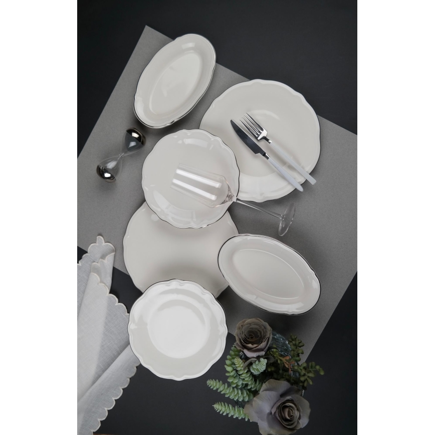 Ensemble de vaisselle 18 pièces, porcelaine crème/argent