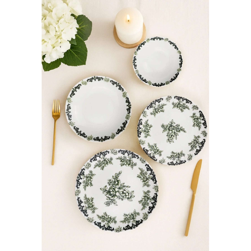 Ensemble de vaisselle 24 pièces blanc/vert/porcelaine