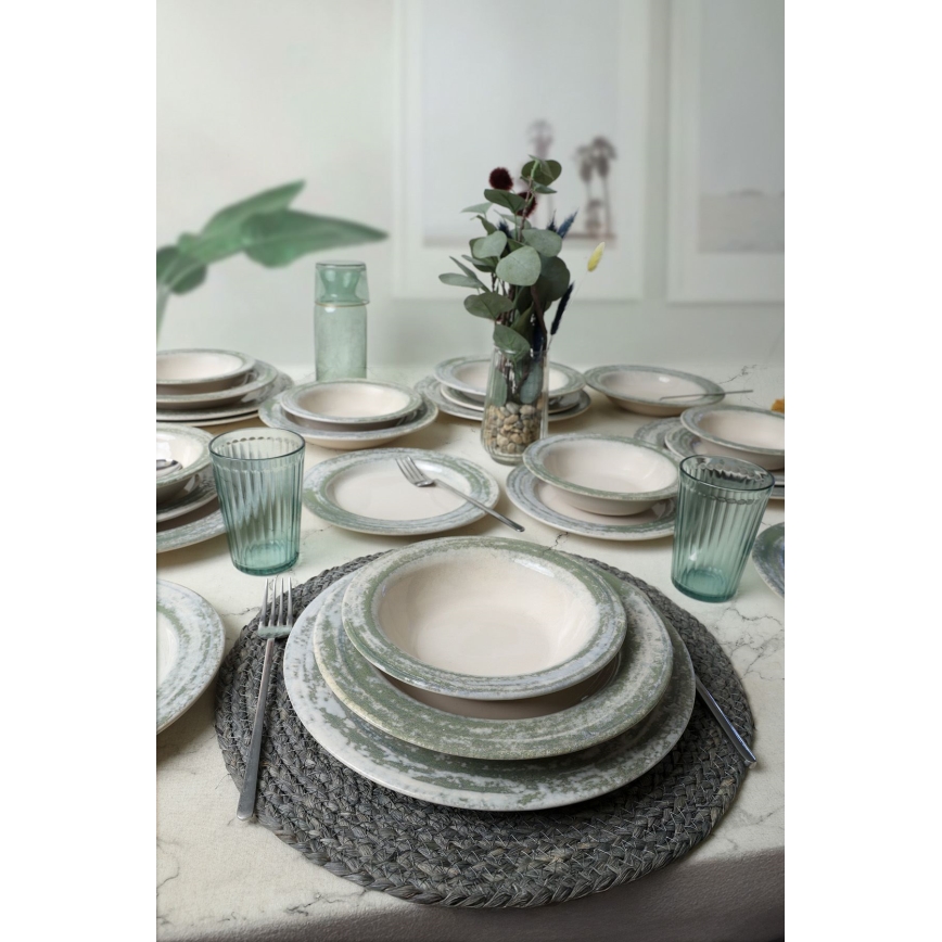 Ensemble de vaisselle 24 pièces en céramique, crème/vert