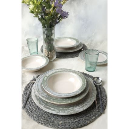 Ensemble de vaisselle 24 pièces en céramique, crème/vert