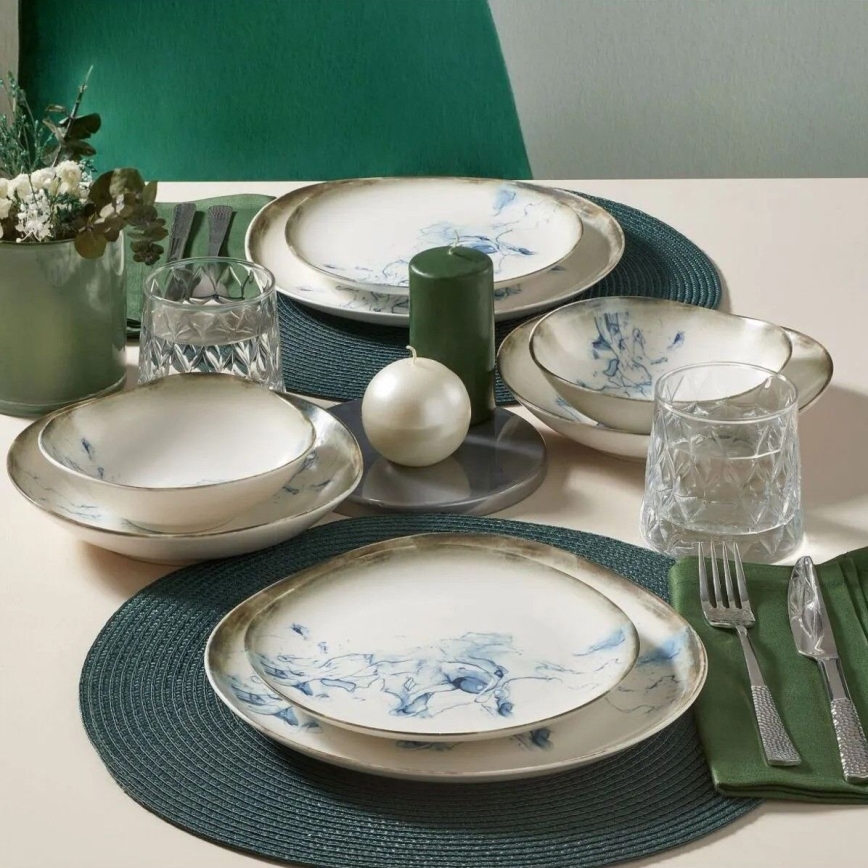 Ensemble de vaisselle 24 pièces en porcelaine, blanc/bleu