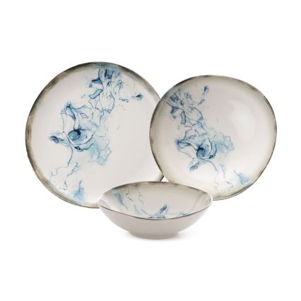 Ensemble de vaisselle 24 pièces en porcelaine, blanc/bleu