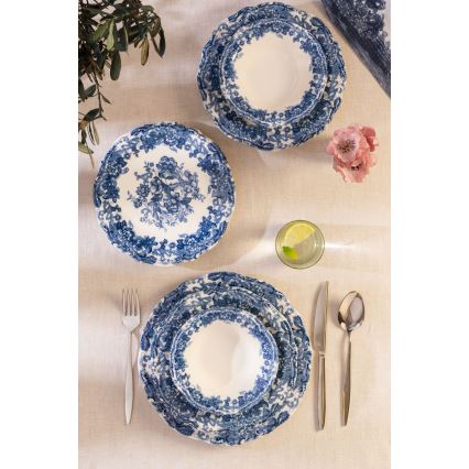Ensemble de vaisselle 24 pièces en porcelaine, blanc/bleu