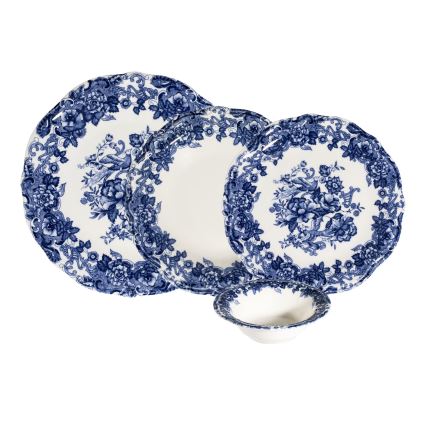 Ensemble de vaisselle 24 pièces en porcelaine, blanc/bleu