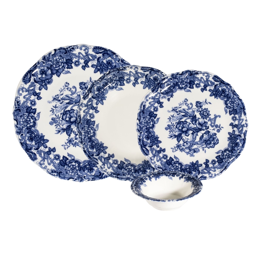 Ensemble de vaisselle 24 pièces en porcelaine, blanc/bleu