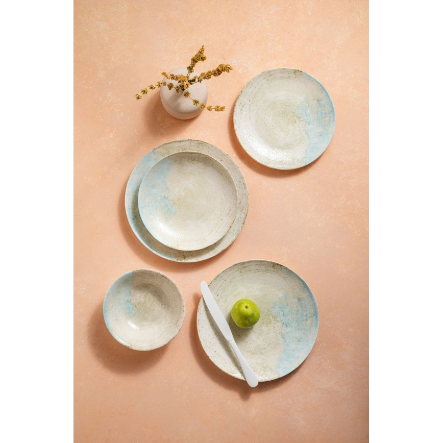 Ensemble de vaisselle 24 pièces en porcelaine, bleu et beige