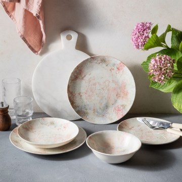 Ensemble de vaisselle 24 pièces, rose/beige, en porcelaine