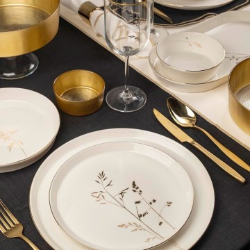 Ensemble de vaisselle 27 pièces en porcelaine, blanc et doré