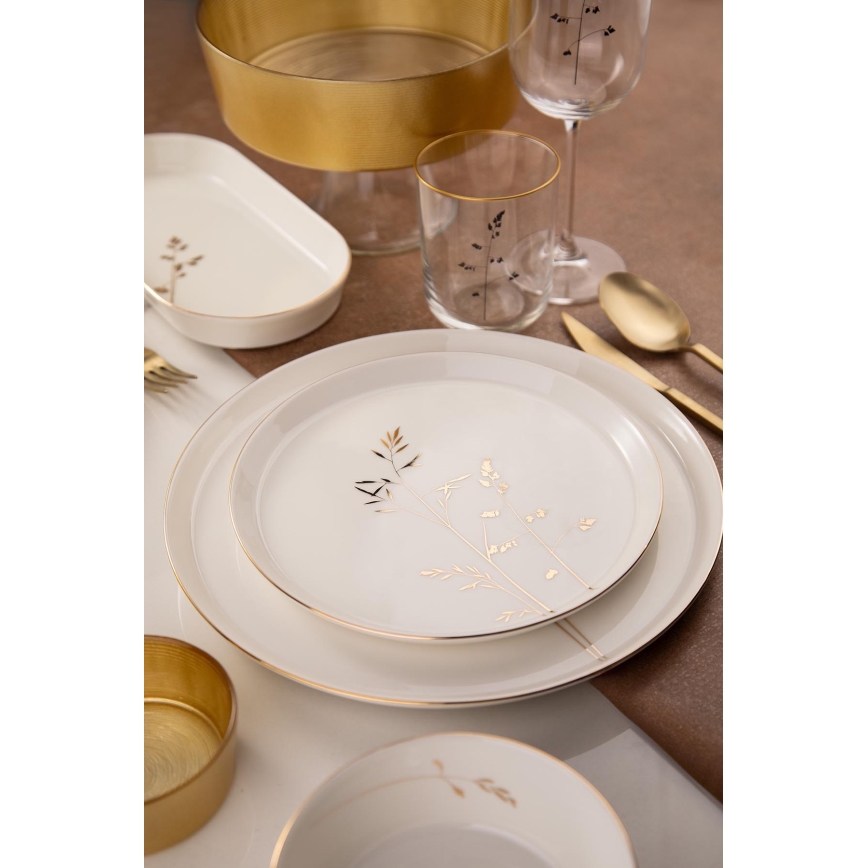 Ensemble de vaisselle 27 pièces en porcelaine, blanc et doré
