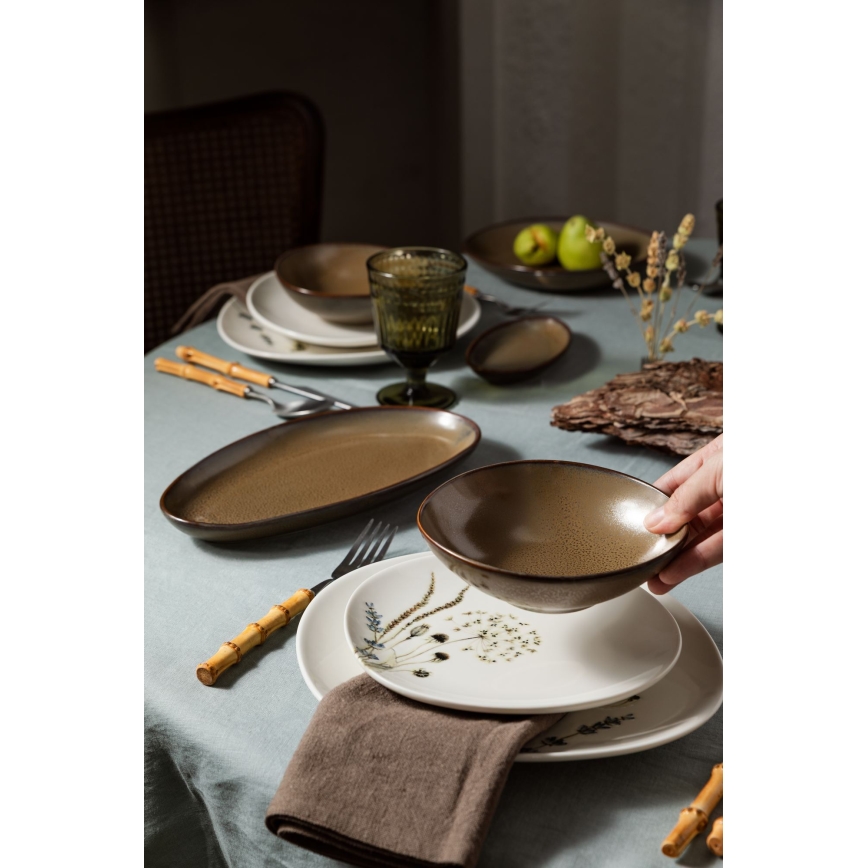 Ensemble de vaisselle 27 pièces en porcelaine, blanc/marron