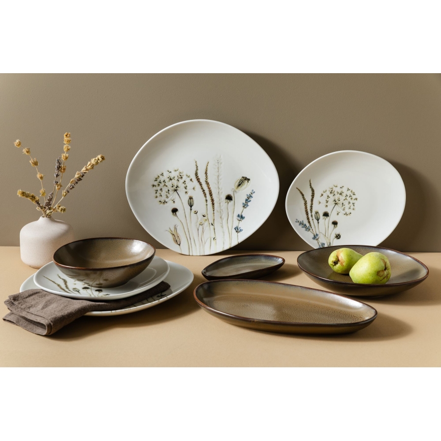 Ensemble de vaisselle 27 pièces en porcelaine, blanc/marron