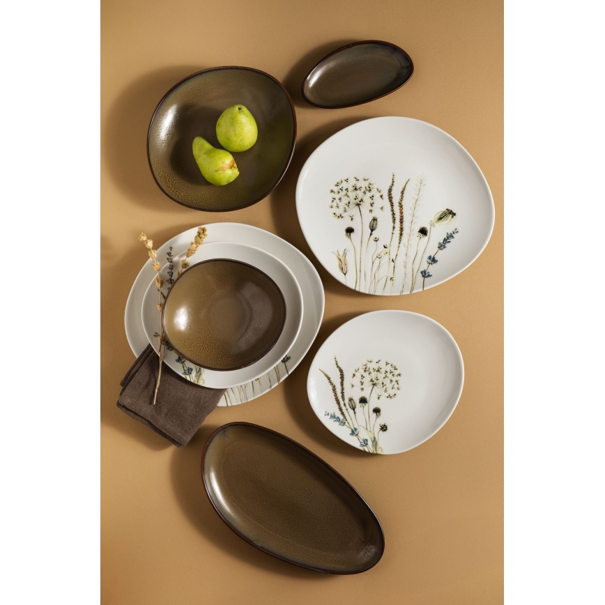 Ensemble de vaisselle 27 pièces en porcelaine, blanc/marron