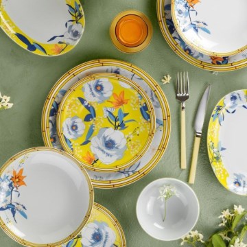 Ensemble de vaisselle 50 pièces en porcelaine, jaune/bleu