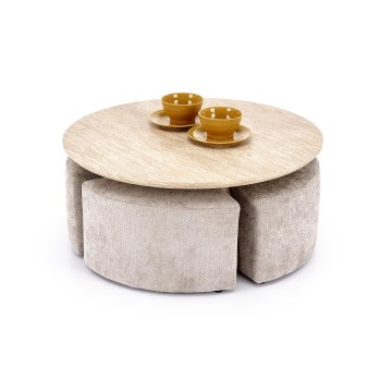 ENSEMBLE table basse NUGAT Ø 80 cm + 4 tabourets travertin/gris