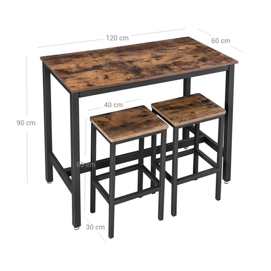 Ensemble table de bar et 2 tabourets BARTIS marron/noir