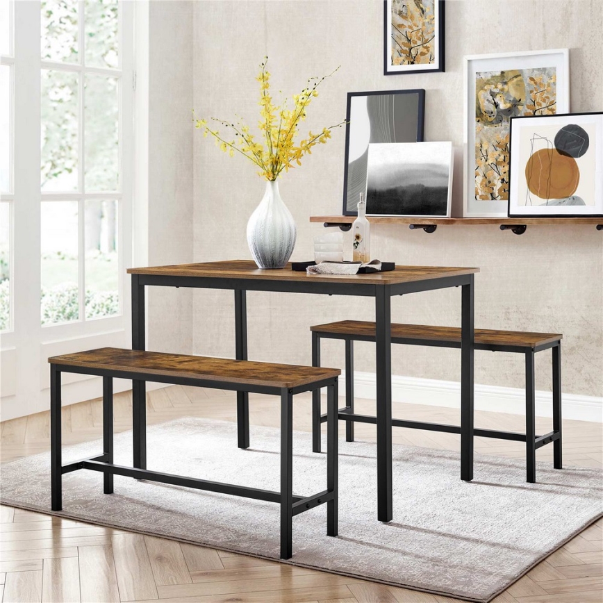 ENSEMBLE Table haute 110x70 cm + 2x bancs 97x30 cm TREVOR marron/noir