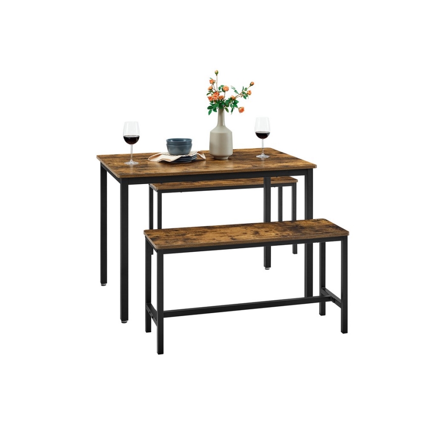 ENSEMBLE Table haute 110x70 cm + 2x bancs 97x30 cm TREVOR marron/noir