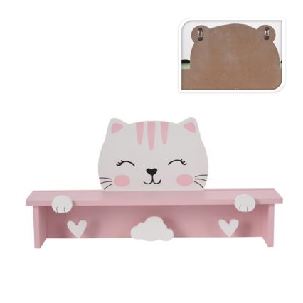 Étagère murale pour enfants avec patères chat/rose