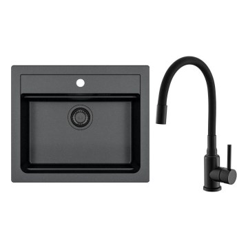 Evier de cuisine ALVEUS SETA23228 ATROX 59x50 cm + robinet avec bras flexible MINTAS 34 cm granit/noir mat