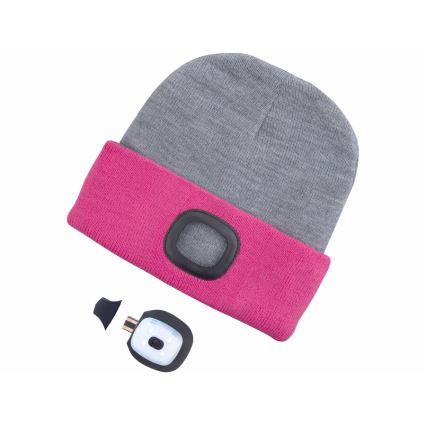 Extol - Bonnet avec lampe frontale intégrée, rechargeable par USB (300 mAh), gris/rose, taille unique