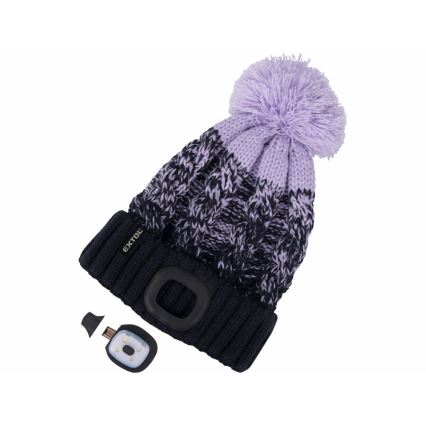 Extol - Bonnet avec lampe frontale intégrée et batterie de 300 mAh rechargeable via USB, bleu/violet, avec pompon, taille unique