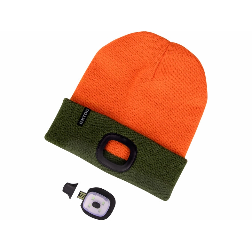 Extol - Bonnet avec lampe frontale et batterie 300 mAh rechargeable par USB, néon orange/vert, taille unique