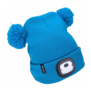 Extol - Bonnet enfant avec lampe frontale intégrée, batterie rechargeable 250 mAh via USB, bleu à pompons
