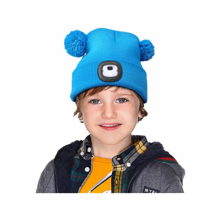 Extol - Bonnet enfant avec lampe frontale intégrée, batterie rechargeable 250 mAh via USB, bleu à pompons