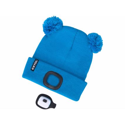 Extol - Bonnet enfant avec lampe frontale intégrée, batterie rechargeable 250 mAh via USB, bleu à pompons