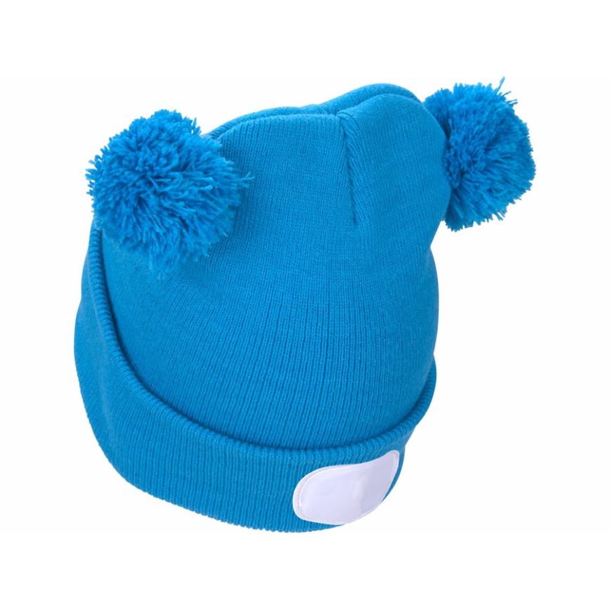 Extol - Bonnet enfant avec lampe frontale intégrée, batterie rechargeable 250 mAh via USB, bleu à pompons