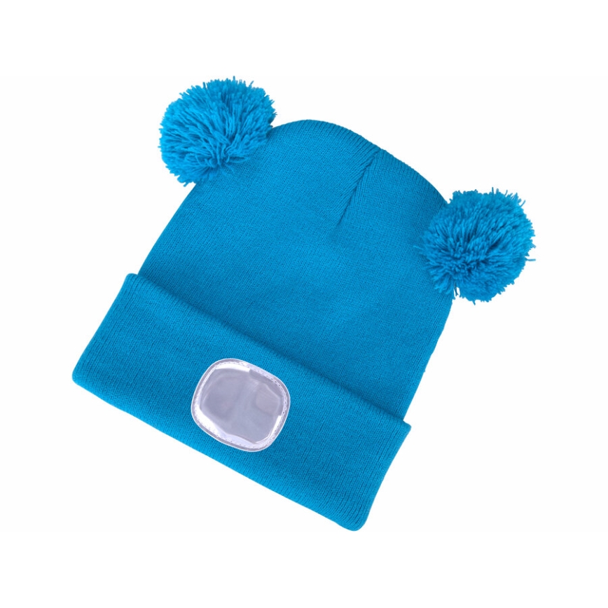 Extol - Bonnet enfant avec lampe frontale intégrée, batterie rechargeable 250 mAh via USB, bleu à pompons