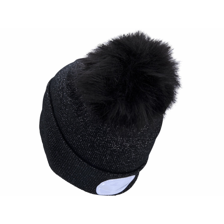 Extol - Bonnet équipé d'une lampe frontale rechargeable par USB (batterie 300 mAh), noir avec pompon, taille unique