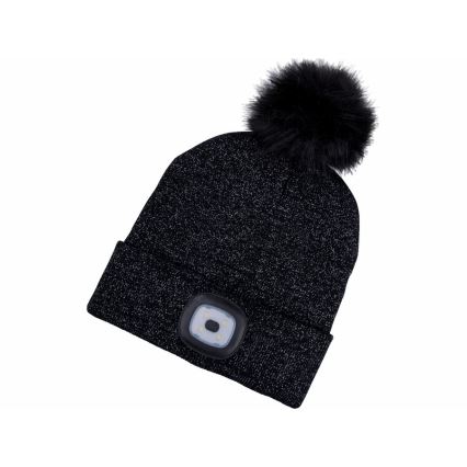 Extol - Bonnet équipé d'une lampe frontale rechargeable par USB (batterie 300 mAh), noir avec pompon, taille unique