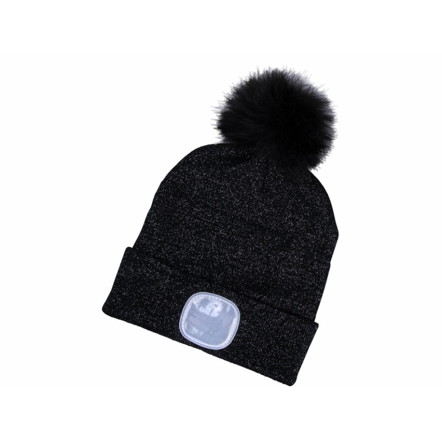 Extol - Bonnet équipé d'une lampe frontale rechargeable par USB (batterie 300 mAh), noir avec pompon, taille unique