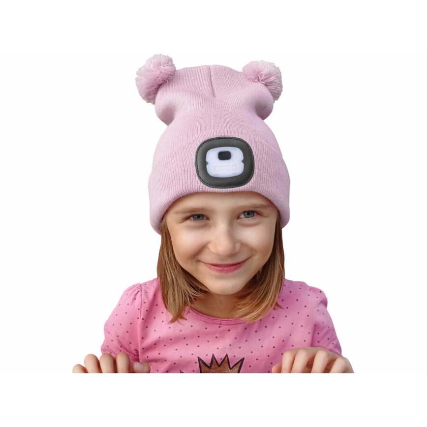 Extol - Bonnet pour enfant avec lampe frontale rechargeable par USB (250 mAh), rose à pompons