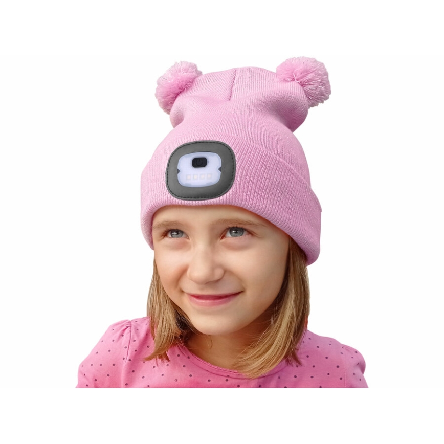 Extol - Bonnet pour enfant avec lampe frontale rechargeable par USB (250 mAh), rose à pompons