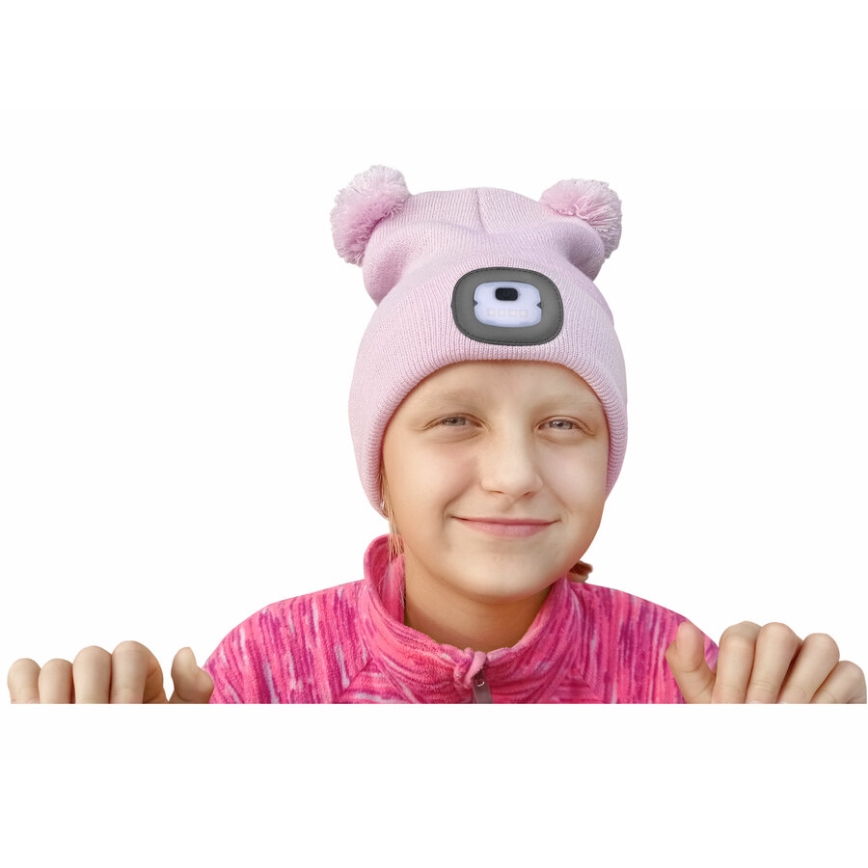 Extol - Bonnet pour enfant avec lampe frontale rechargeable par USB (250 mAh), rose à pompons