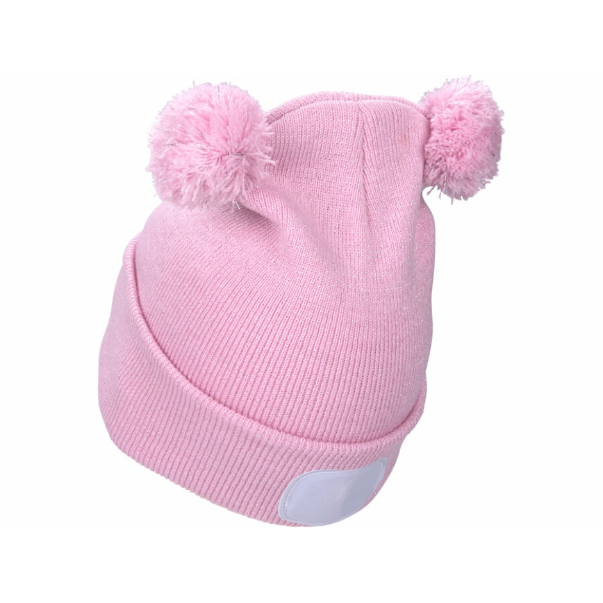 Extol - Bonnet pour enfant avec lampe frontale rechargeable par USB (250 mAh), rose à pompons