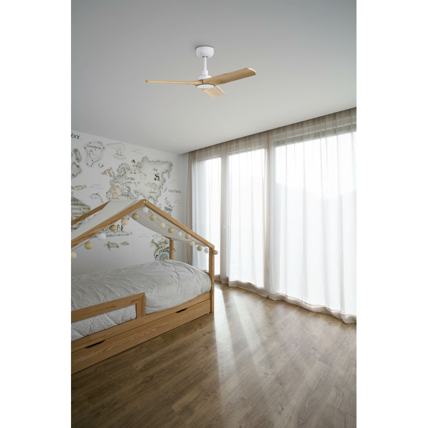FARO 33805WT - Ventilateur de plafond HEYWOOD S bois/blanc Ø 90 cm Wi-Fi Tuya + télécommande
