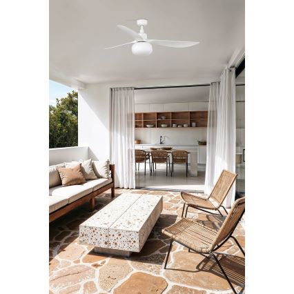 FARO 34363WT-11L - Ventilateur de plafond OUTWOOD L 1xE27/15W/230V blanc Ø 150 cm Wi-Fi Tuya IP44 + télécommande
