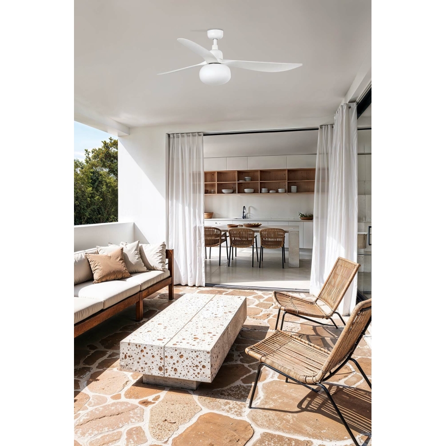 FARO 34363WT-11L - Ventilateur de plafond OUTWOOD L 1xE27/15W/230V blanc Ø 150 cm Wi-Fi Tuya IP44 + télécommande