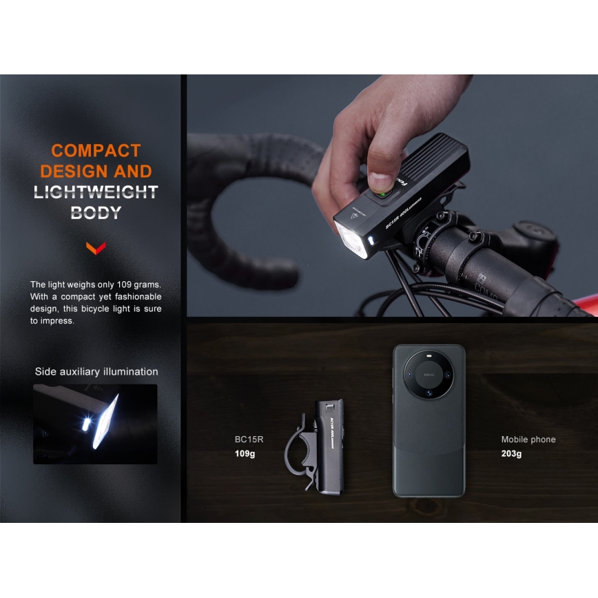 Fenix BC15R- Éclairage de vélo à intensité variable et rechargeable LED/USB IP66 400 lm 31,5 heures