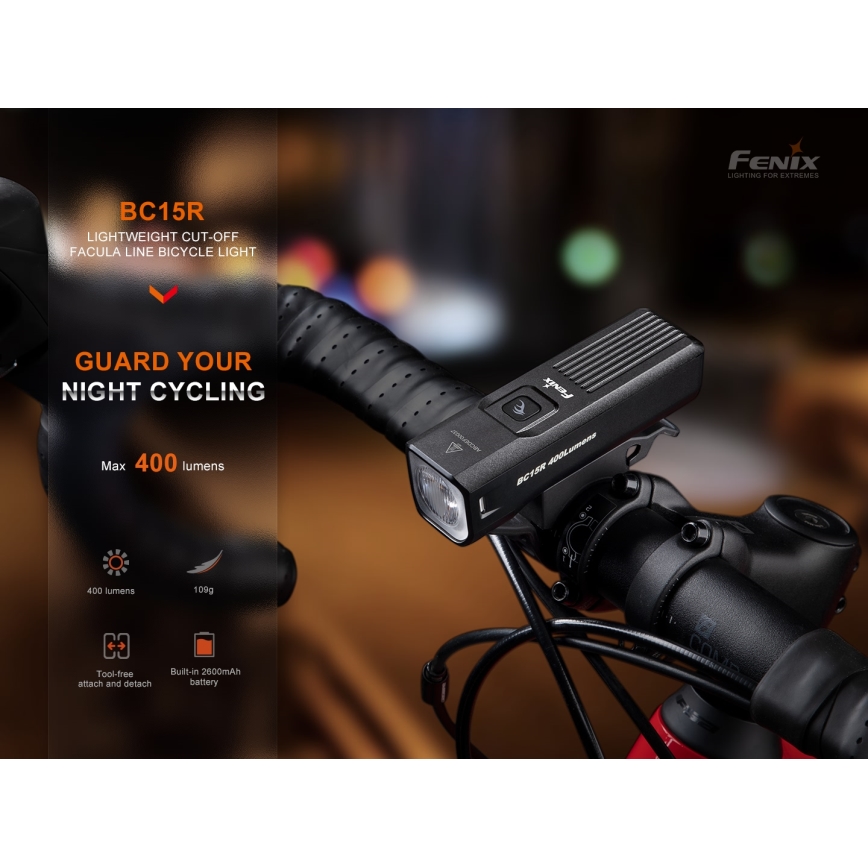 Fenix BC15R- Éclairage de vélo à intensité variable et rechargeable LED/USB IP66 400 lm 31,5 heures