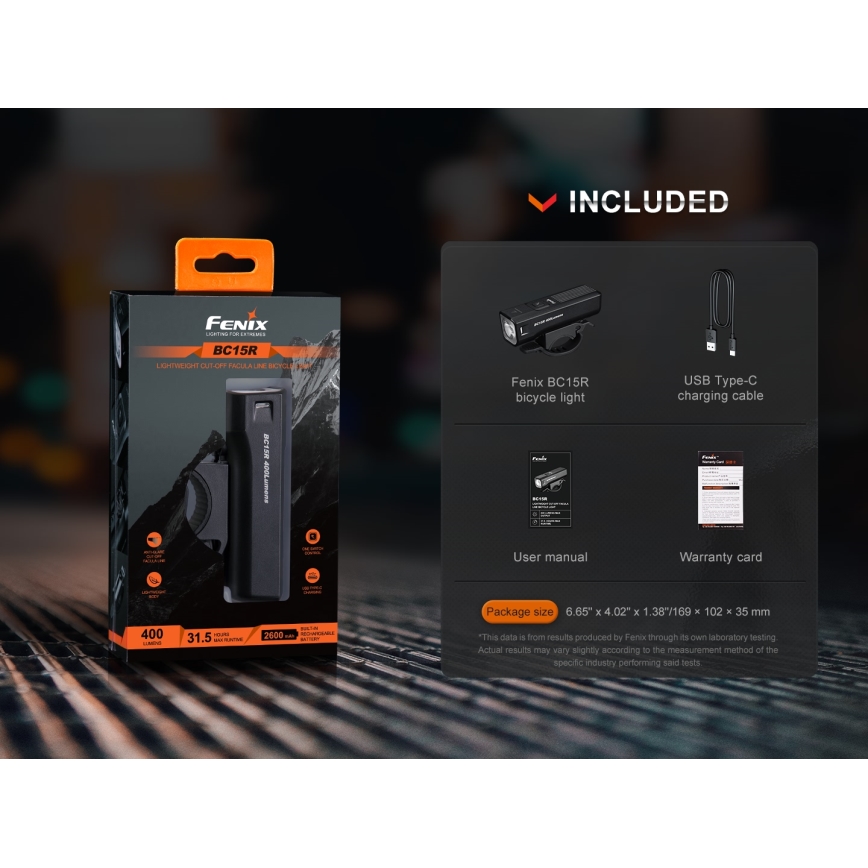 Fenix BC15R- Éclairage de vélo à intensité variable et rechargeable LED/USB IP66 400 lm 31,5 heures