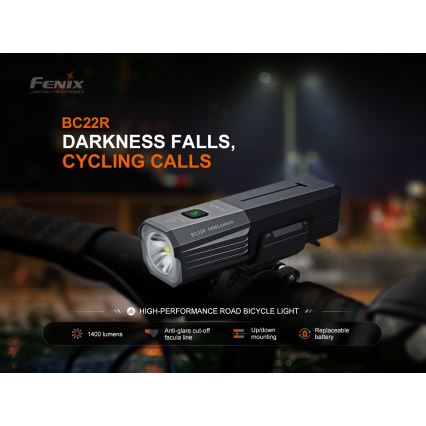 Fenix BC22R - Lampe de vélo rechargeable LED à intensité réglable LED/USB 3400 mAh IP66 1400 lm 41 h noire